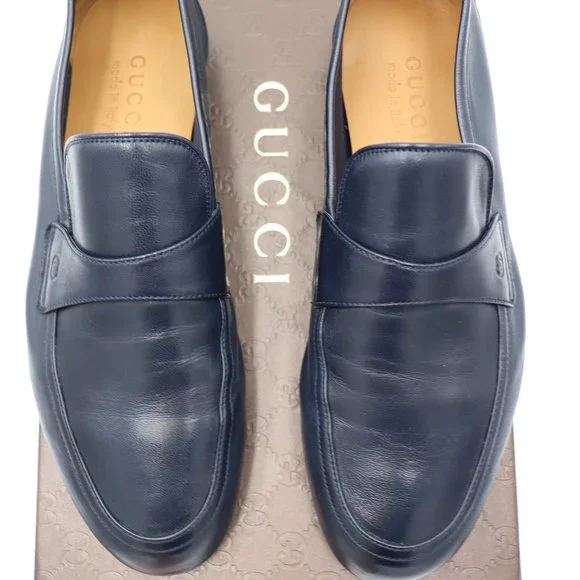 NIB Gucci Mens Navy Blue Unlined Leather Slip-on Loafers Shoes - Picture 3 of 9